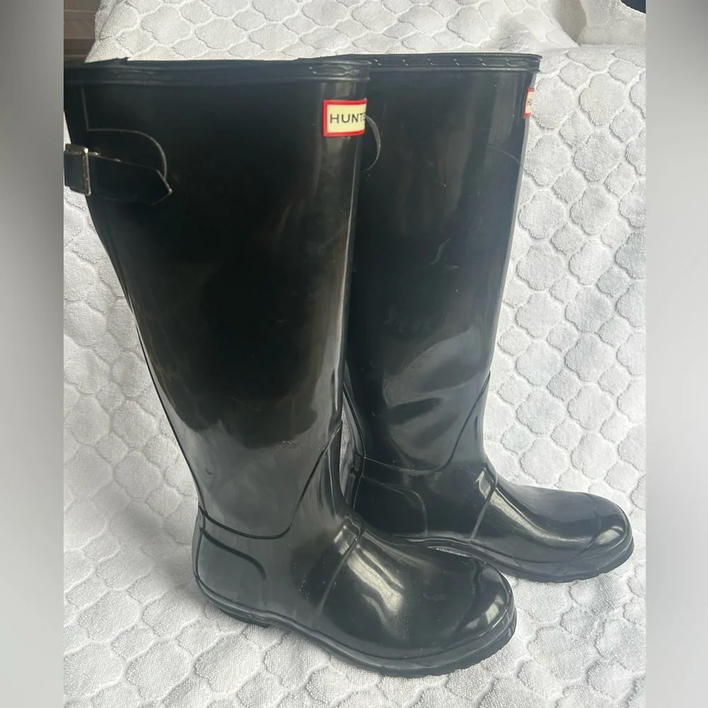 Hunter Black Tall Adjustable Calf Rain Boots Women’s Size 8 Glossy Outdoor
